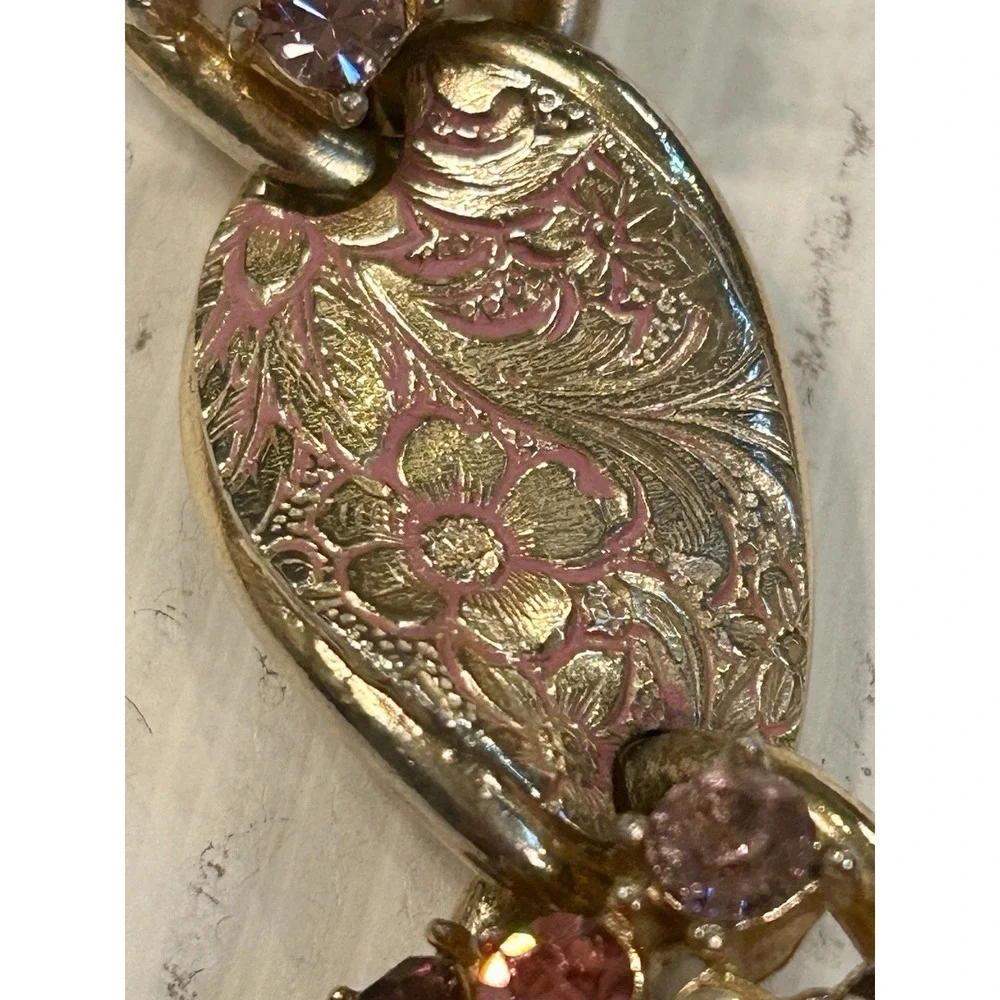 Vintage Rhinestone Enamel Bracelet Earrings Pink Purple Gold Floral Demi Parure‎